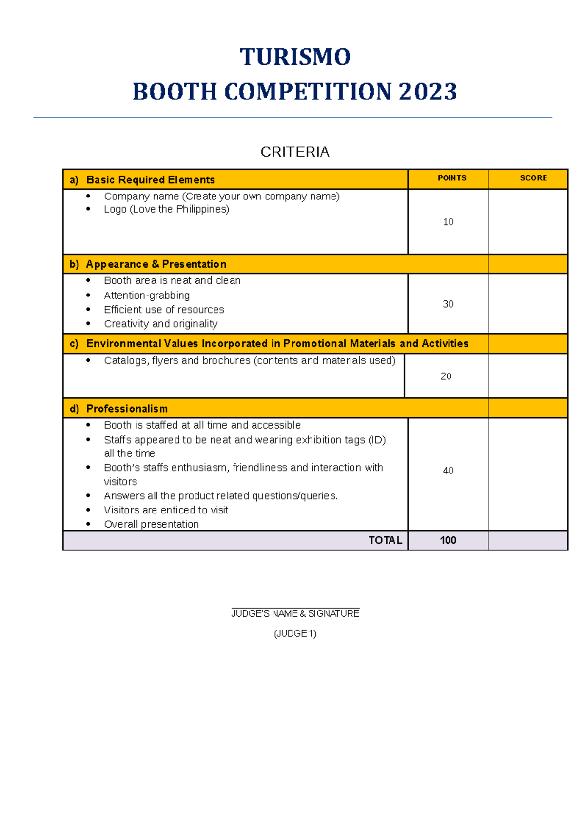 BoothCriteria TURISMO BOOTH COMPETITION 2023 CRITERIA a) Basic