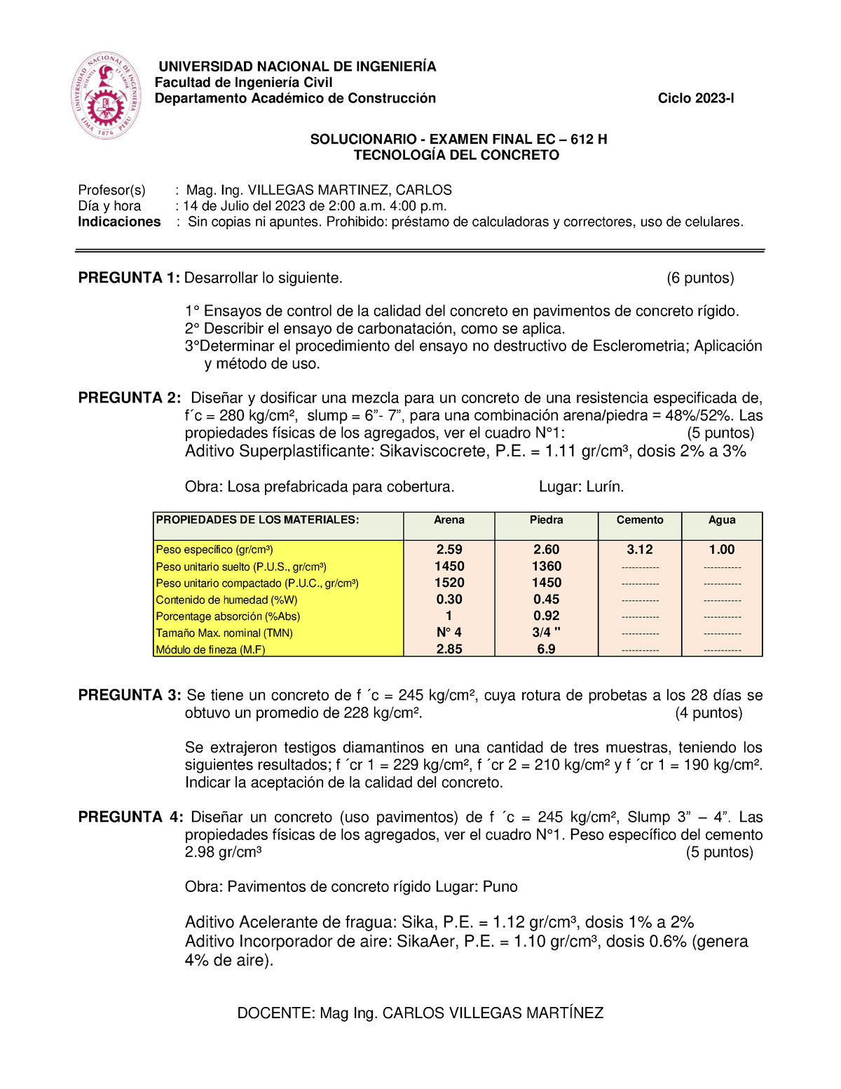 Solucionario - Examen Final EC 612 H - Tecnología DEL Concreto (14 ...