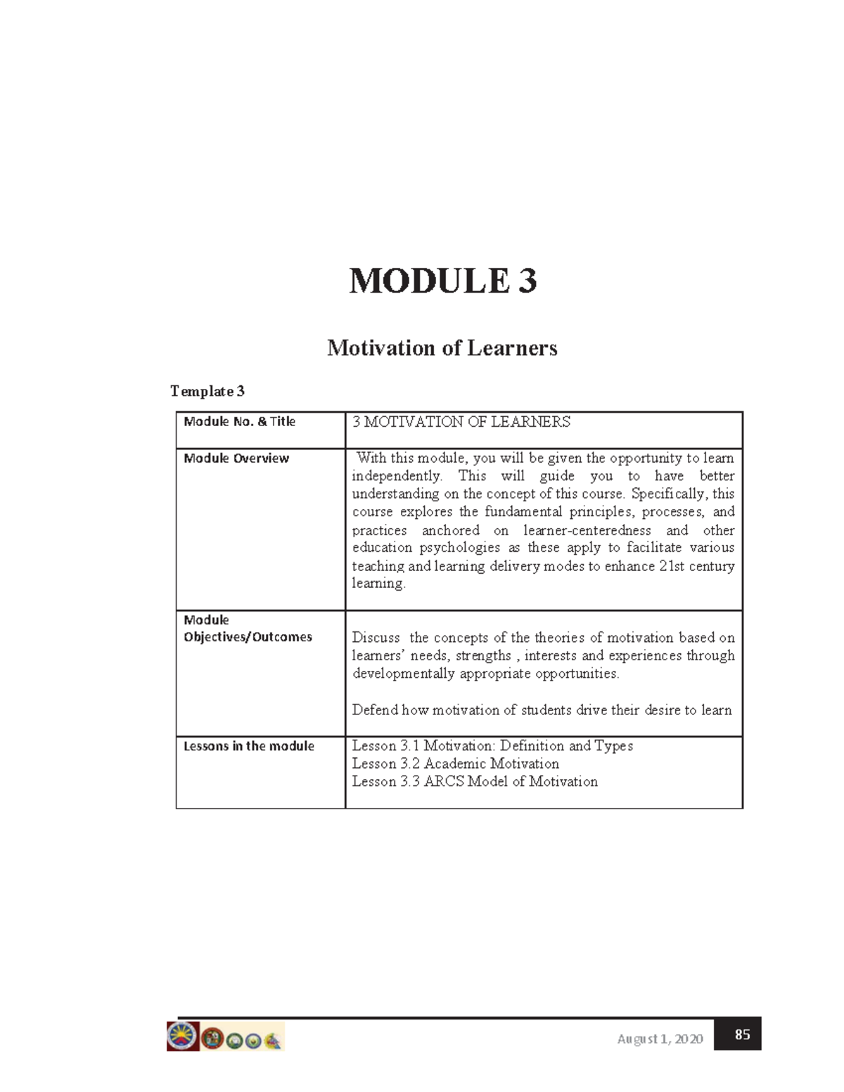 Module - 11 2021 Notes - MODULE 3 Motivation of Learners Template 3 ...