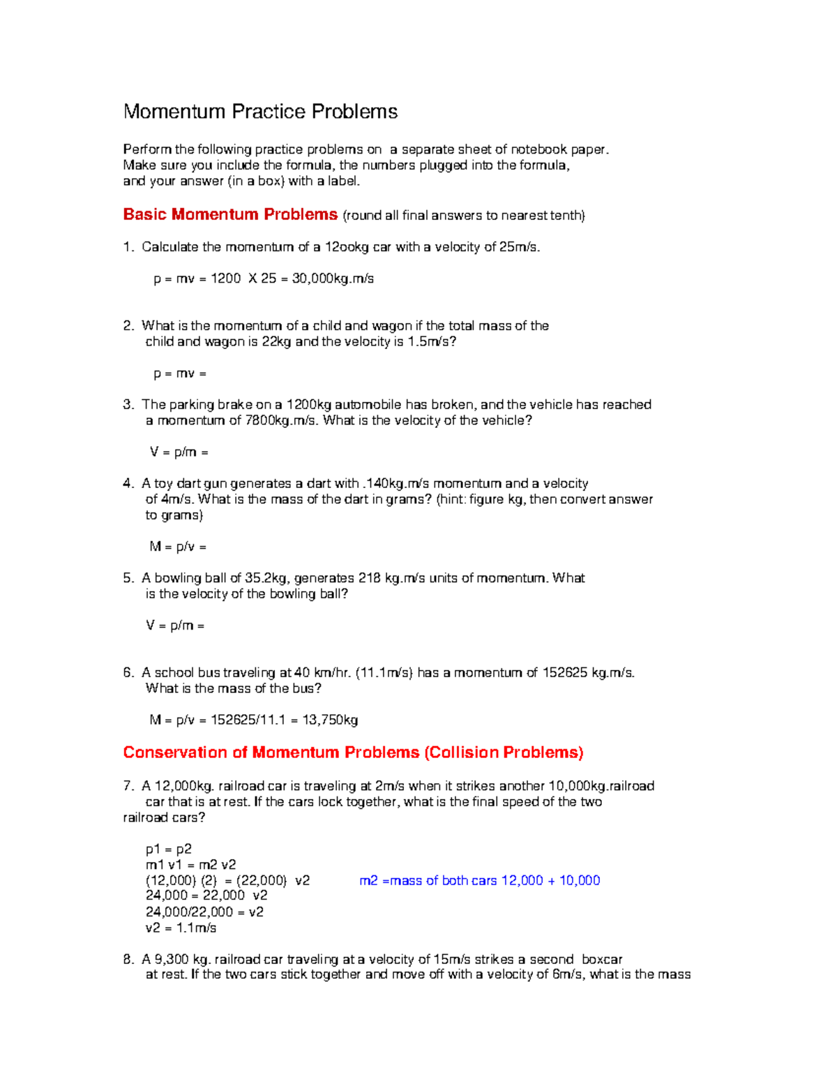 Momentum+Practice+Problems+ - Momentum Practice Problems Perform the ...