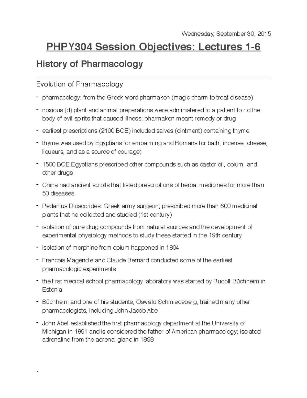 Pharmacology I - Lecture notes - pharm obj - Lecture notes, lectures 1 ...
