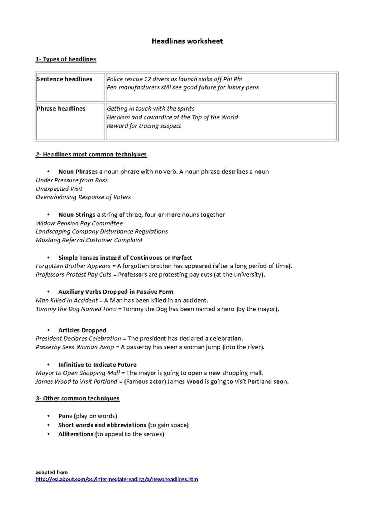 Headline Worksheet - Headlines Worksheet 1- Types Of Headlines Sentence 