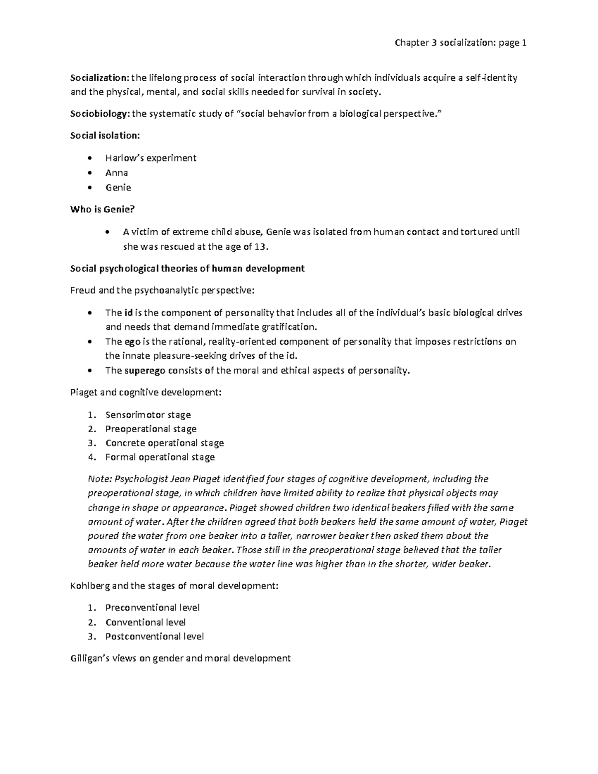 Chapter 3 notes soiciology - Chapter 3 socialization: page 1 ...