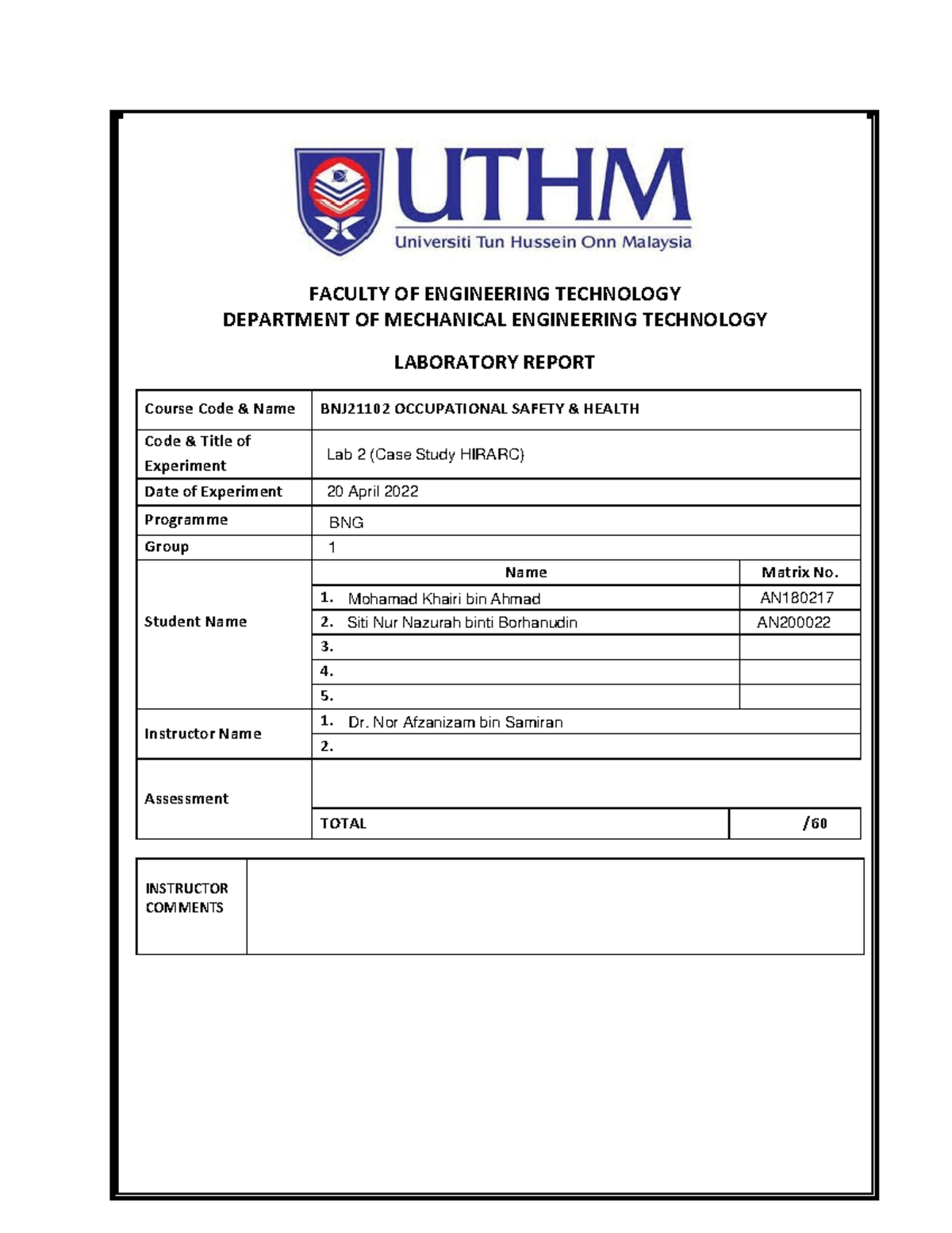 OSH LAB 2 - osha lab 2 - FACULTY OF ENGINEERING TECHNOLOGY DEPARTMENT ...