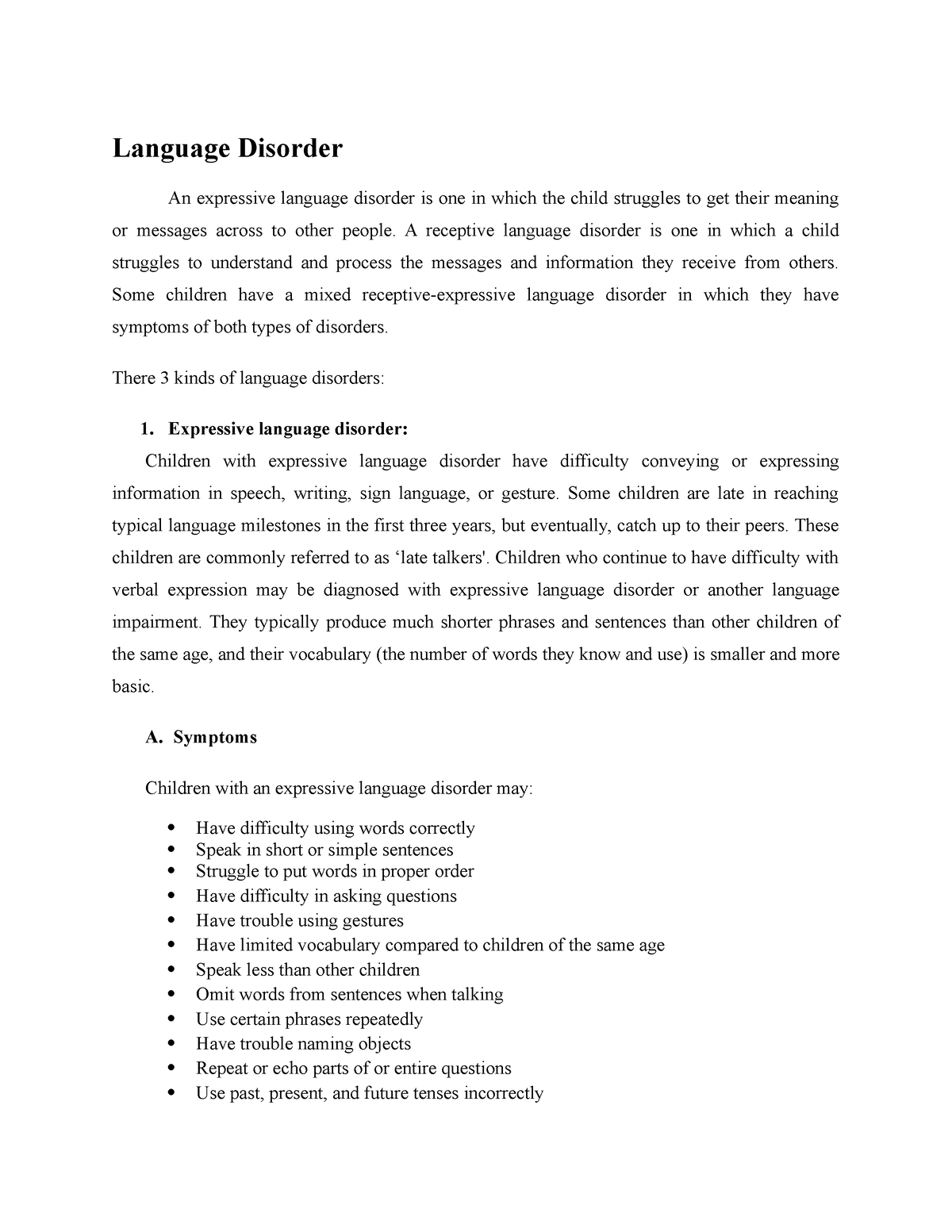 essay about language disorder