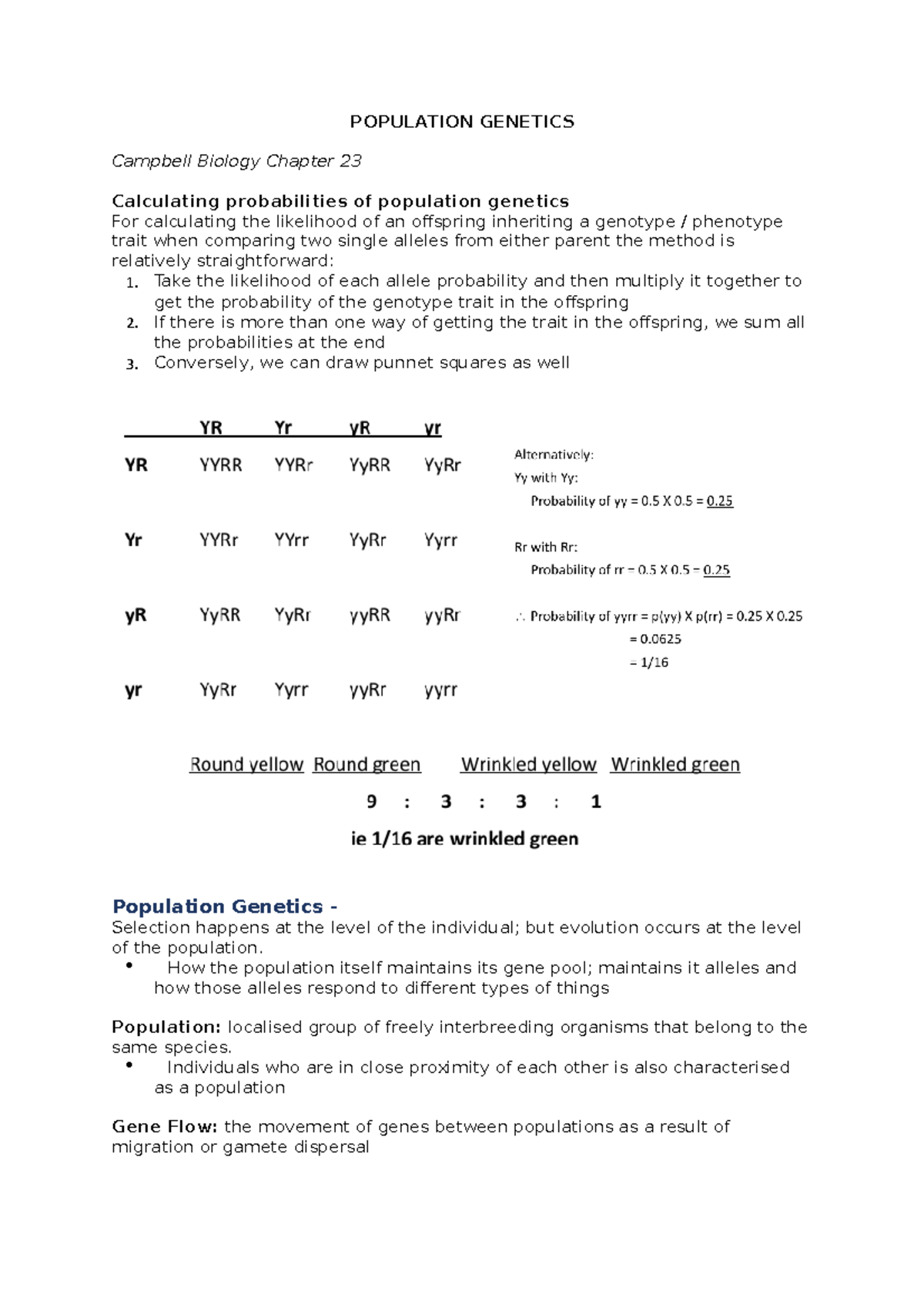 Genetic Lecture Notes (revision) - POPULATION GENETICS Campbell Biology ...