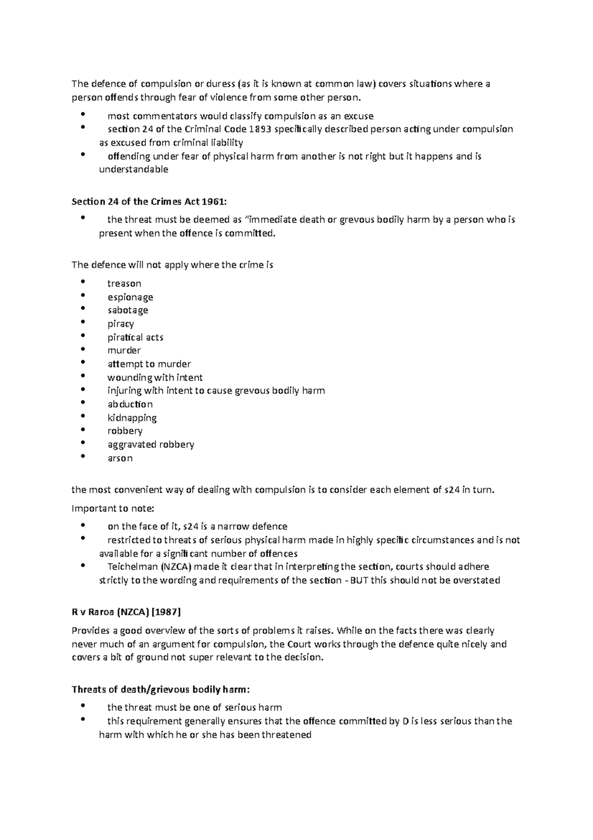 Compulsion - Lecture notes 9 - The defence of compulsion or duress (as ...