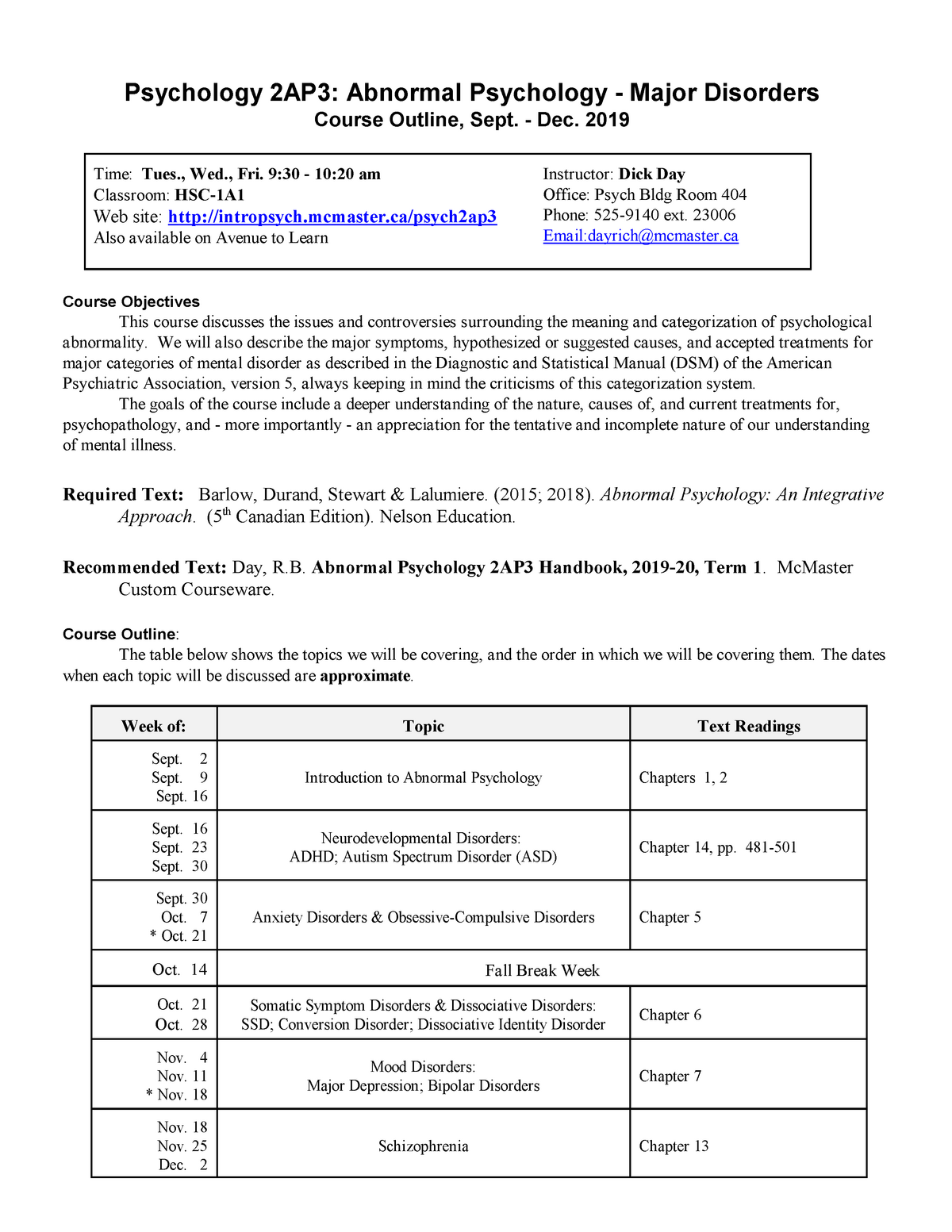 Psych 2AP3 Term 1 course outline, 20192020 Psychology 2AP3 Abnormal