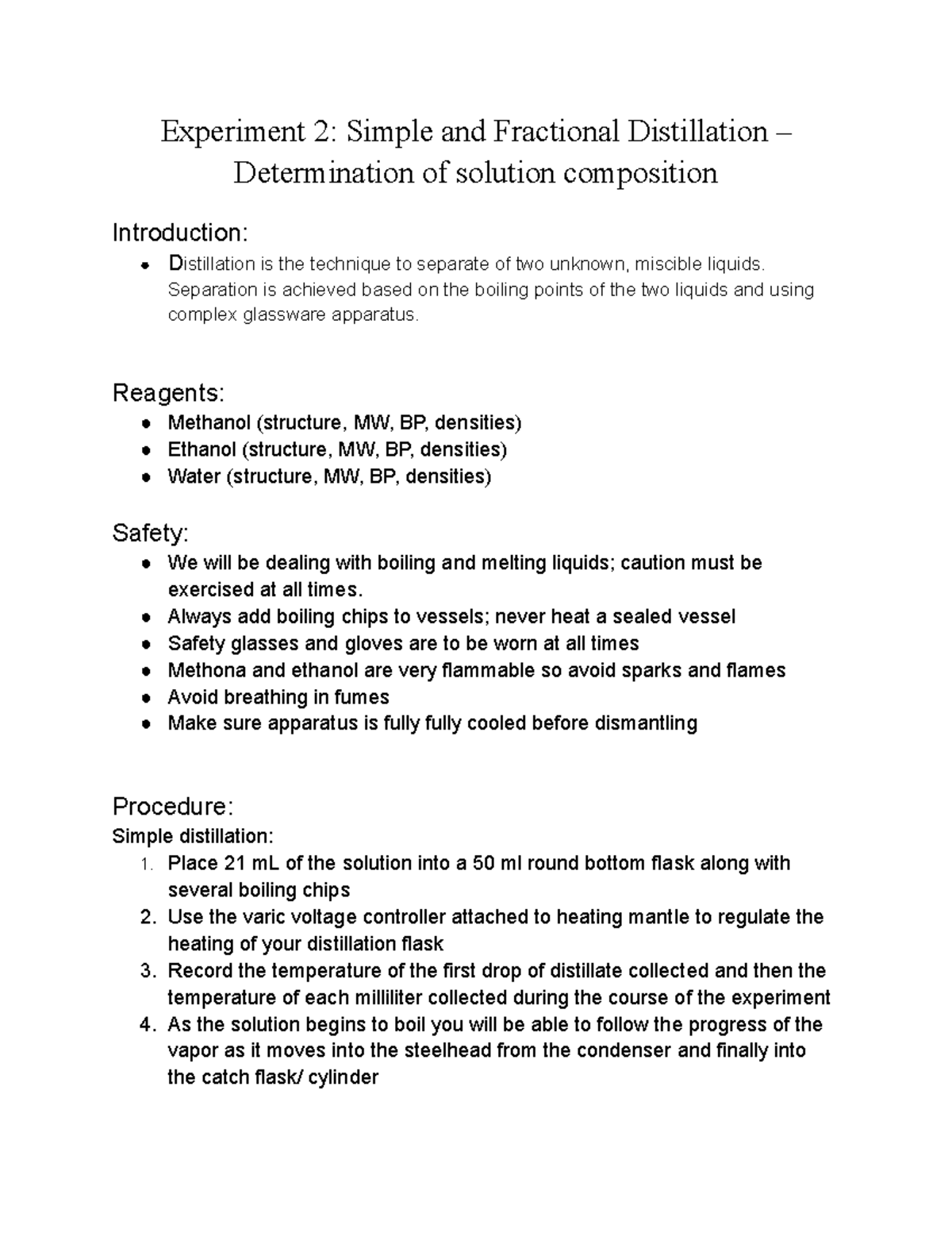 experiment 2 simple and fractional distillation