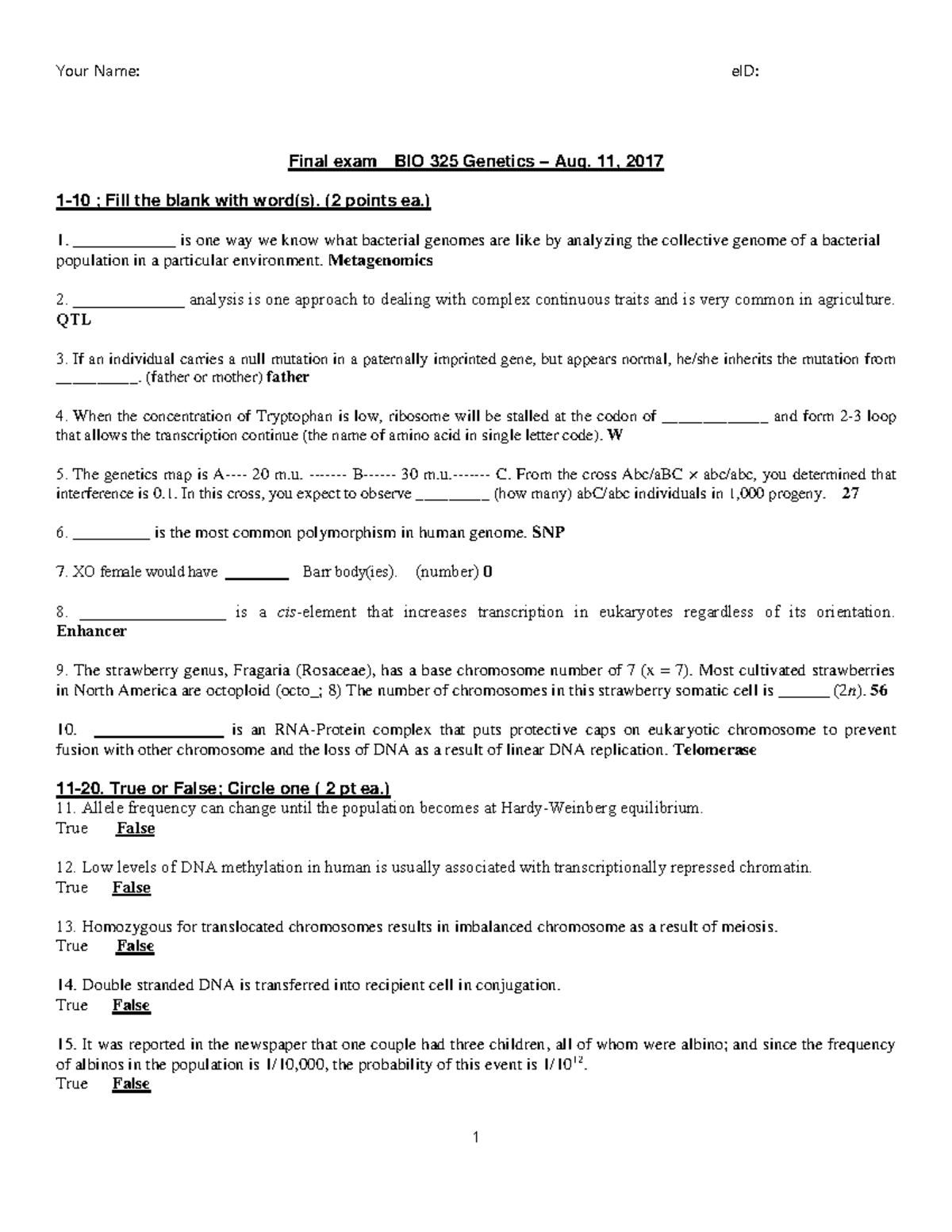Final exam 2017 summer with answers Final exam BIO 325 Aug