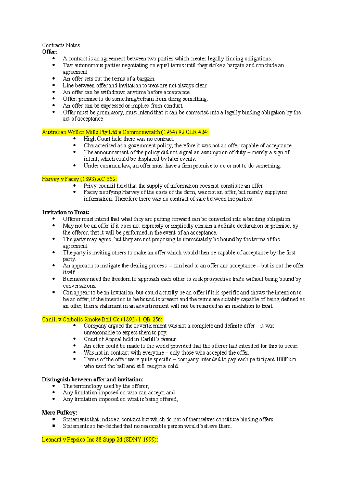 Contract Exam Notes - Contracts Notes. Offer: A contract is an ...