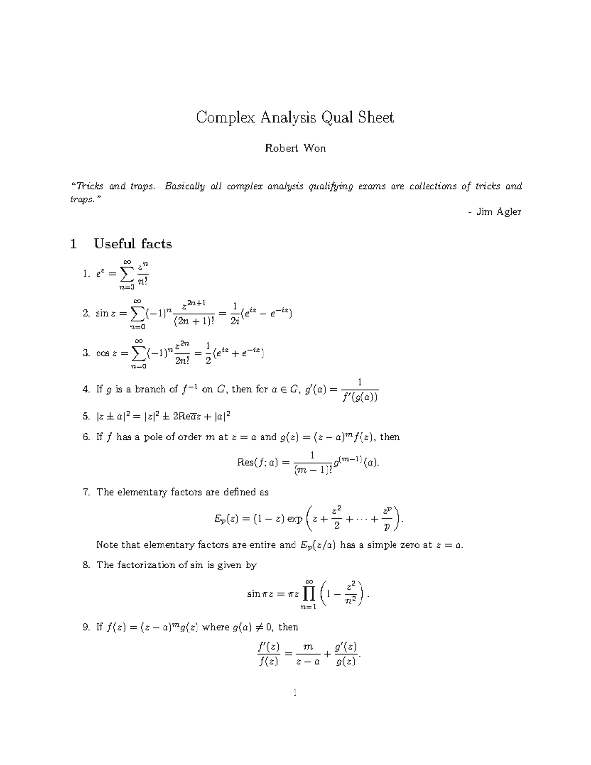 Complex Cheat Sheet Comlex Number Complex Analysis Qual Sheet