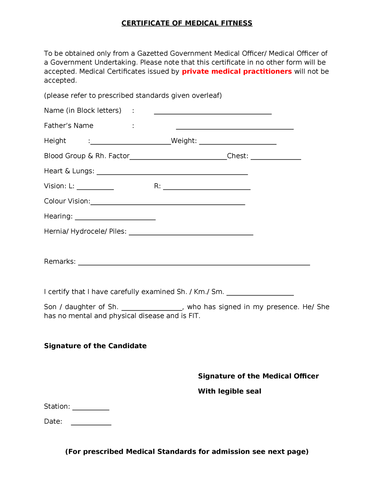 Medical fitness format - CERTIFICATE OF MEDICAL FITNESS To be obtained ...