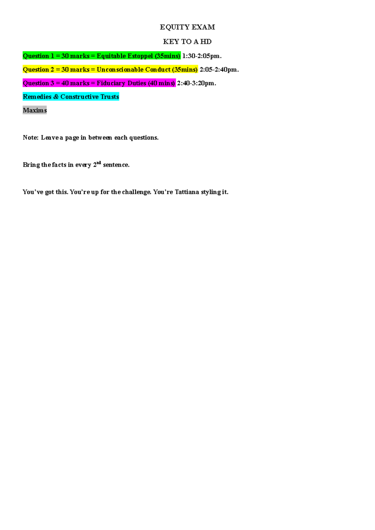 Equitable Estoppel GC notes - EQUITY EXAM KEY TO A HD Question 1 = 30 ...