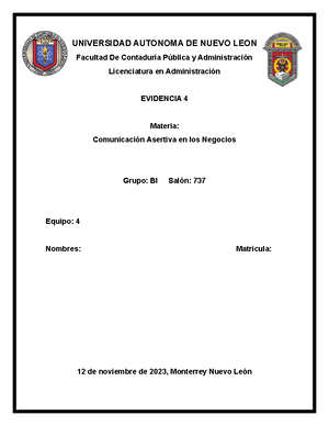 Equipo 4 EV 2 - Evidencia - UNIVERSIDAD AUTONOMA DE NUEVO LEON Facultad ...