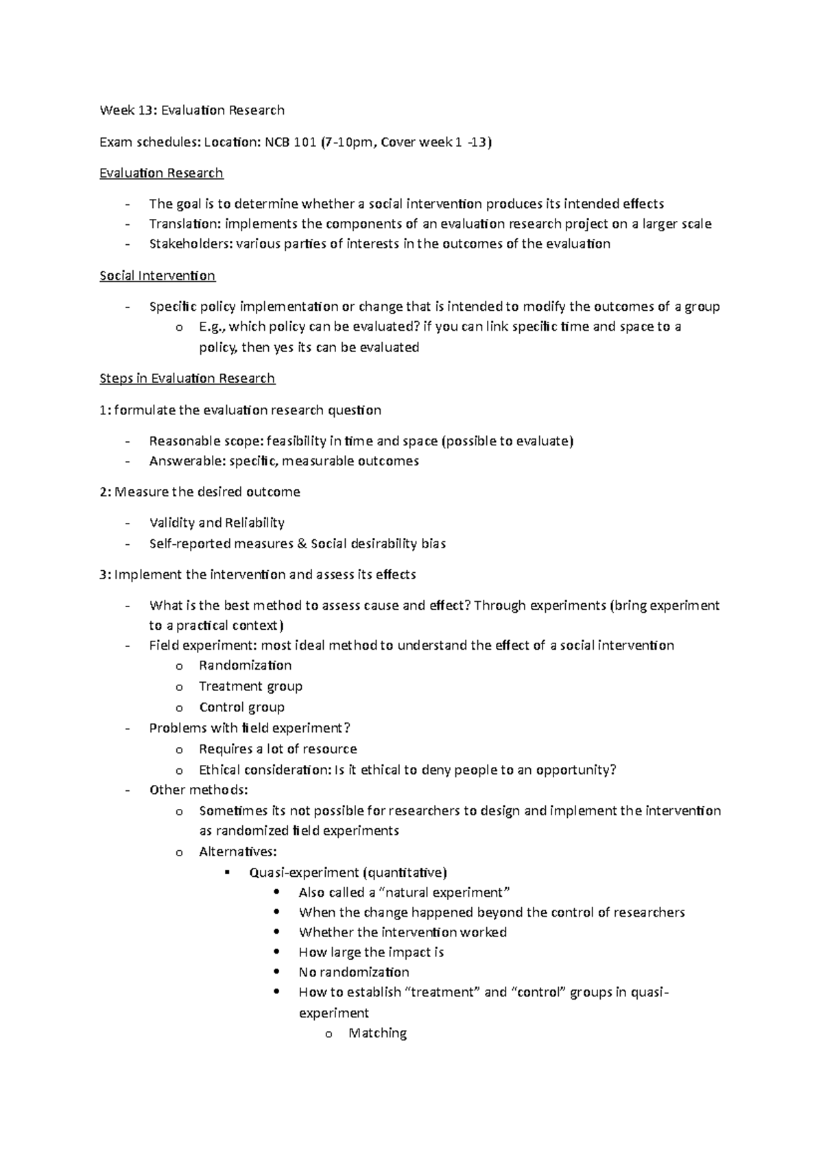 Week 13 - Week 13 - Week 13: Evaluation Research Exam schedules ...