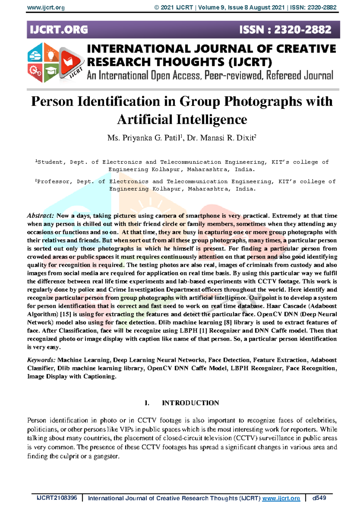 Ijcrt 2108396 - Person Identification in Group Photographs with ...