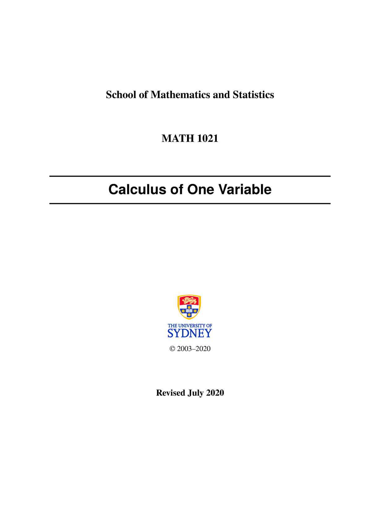 Math1021 Booklet - School Of Mathematics And Statistics MATH 1021 ...