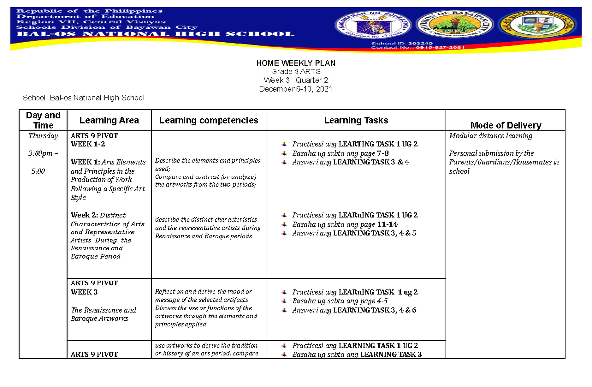 WHLP ARTS - Weekly plan - HOME WEEKLY PLAN Grade 9 ARTS Week 3 Quarter ...