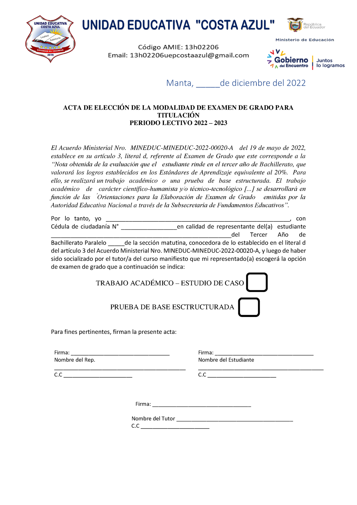 ACTA DE Eleccion DE Trabajo DE Titulacion - Manta, _____de Diciembre ...