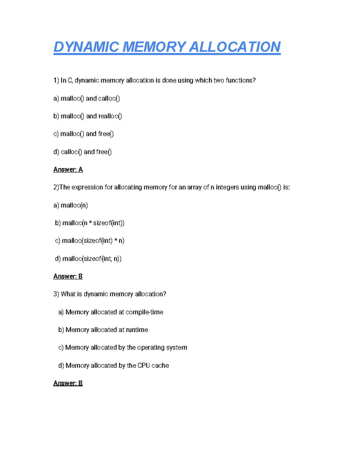DSA MCQs - G8g7g7dyd - DYNAMIC MEMORY ALLOCATION In C, dynamic memory ...