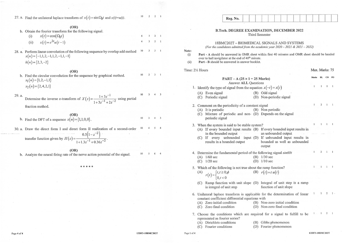 Signals Qpaper QUESTION PAPER biomedical signals Studocu