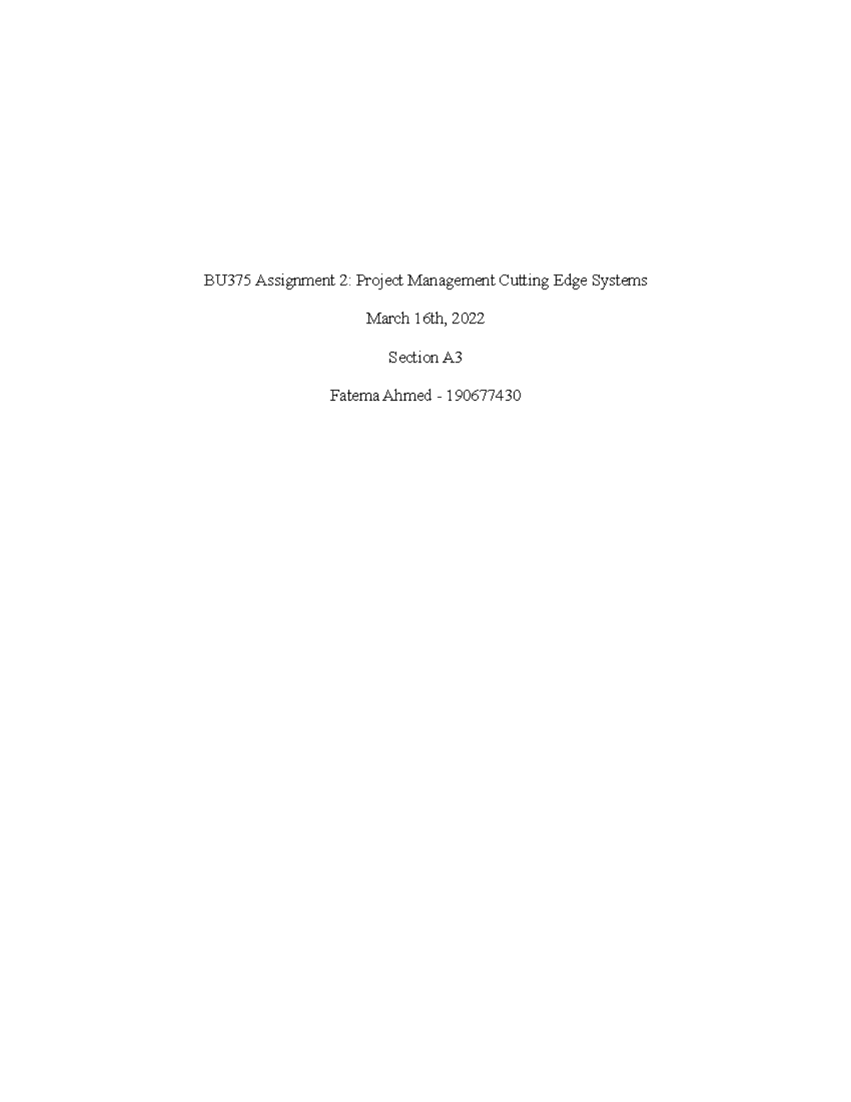 Assignment 2 BU375 - BU375 Assignment 2: Project Management Cutting ...