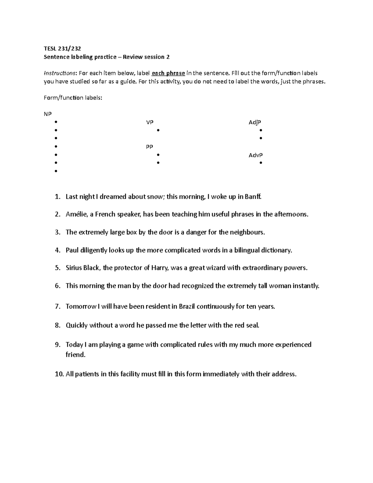 Review session 2 practice sentences - TESL 231/ Sentence labeling ...