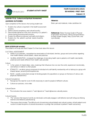HA Lecture NGOA SAS2 - notes - STUDENT ACTIVITY SHEET Health Assessment ...