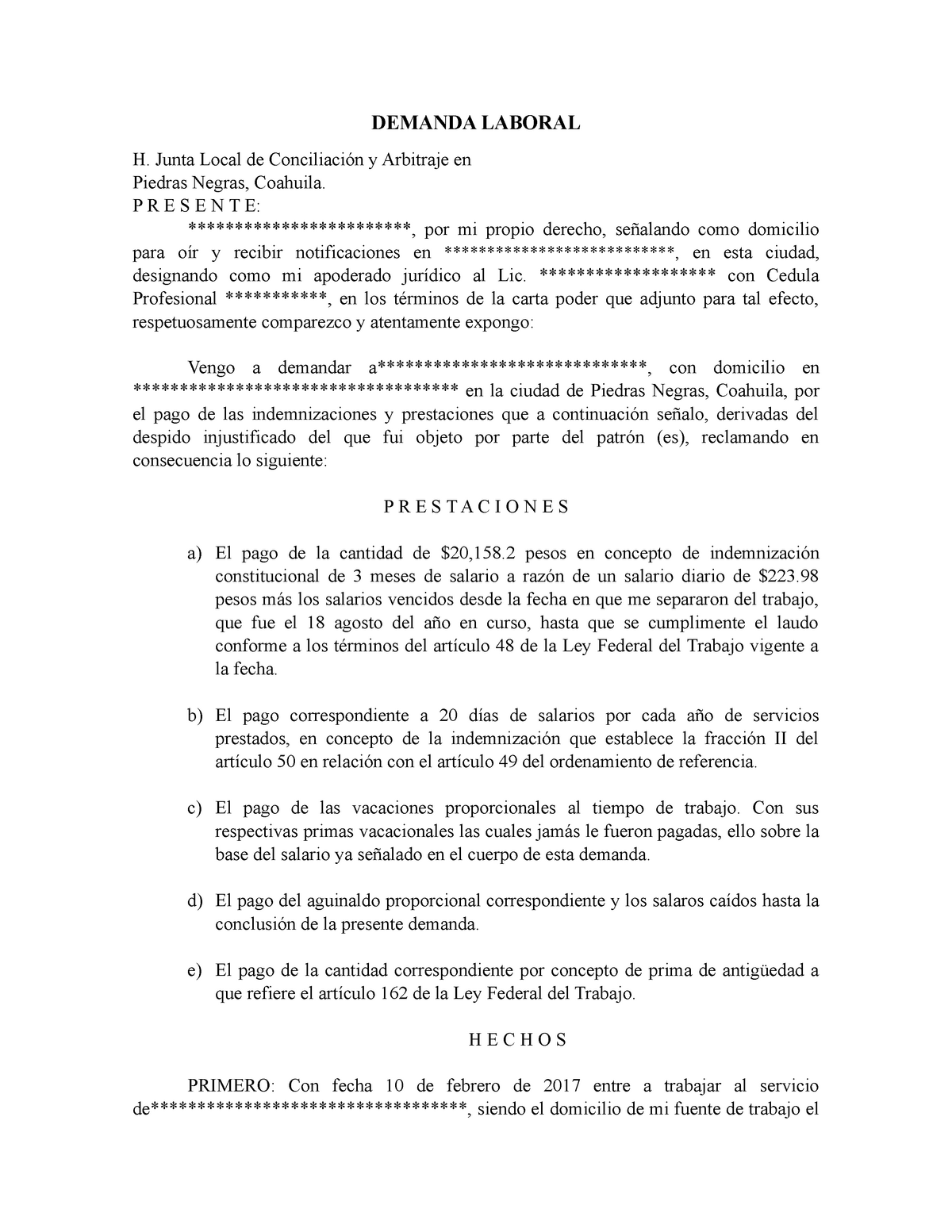 Formato para escrito de Demanda Laboral DEMANDA LABORAL H Junta Local de Conciliación y