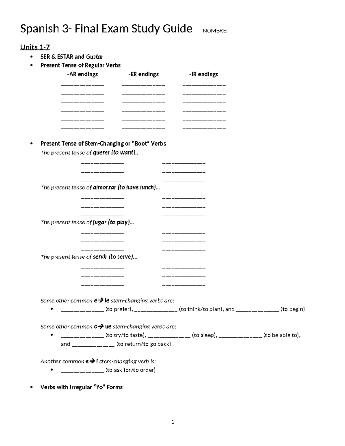 Spanish 3- Final Exam Study Guide