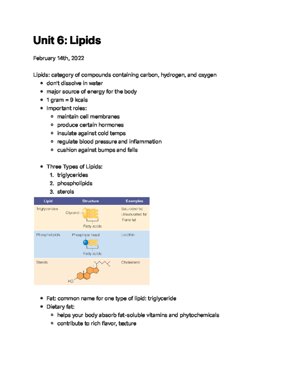 Unit 6 Lipids - Lecture Notes From Entire Unit 6, Professor Lynn Brann ...