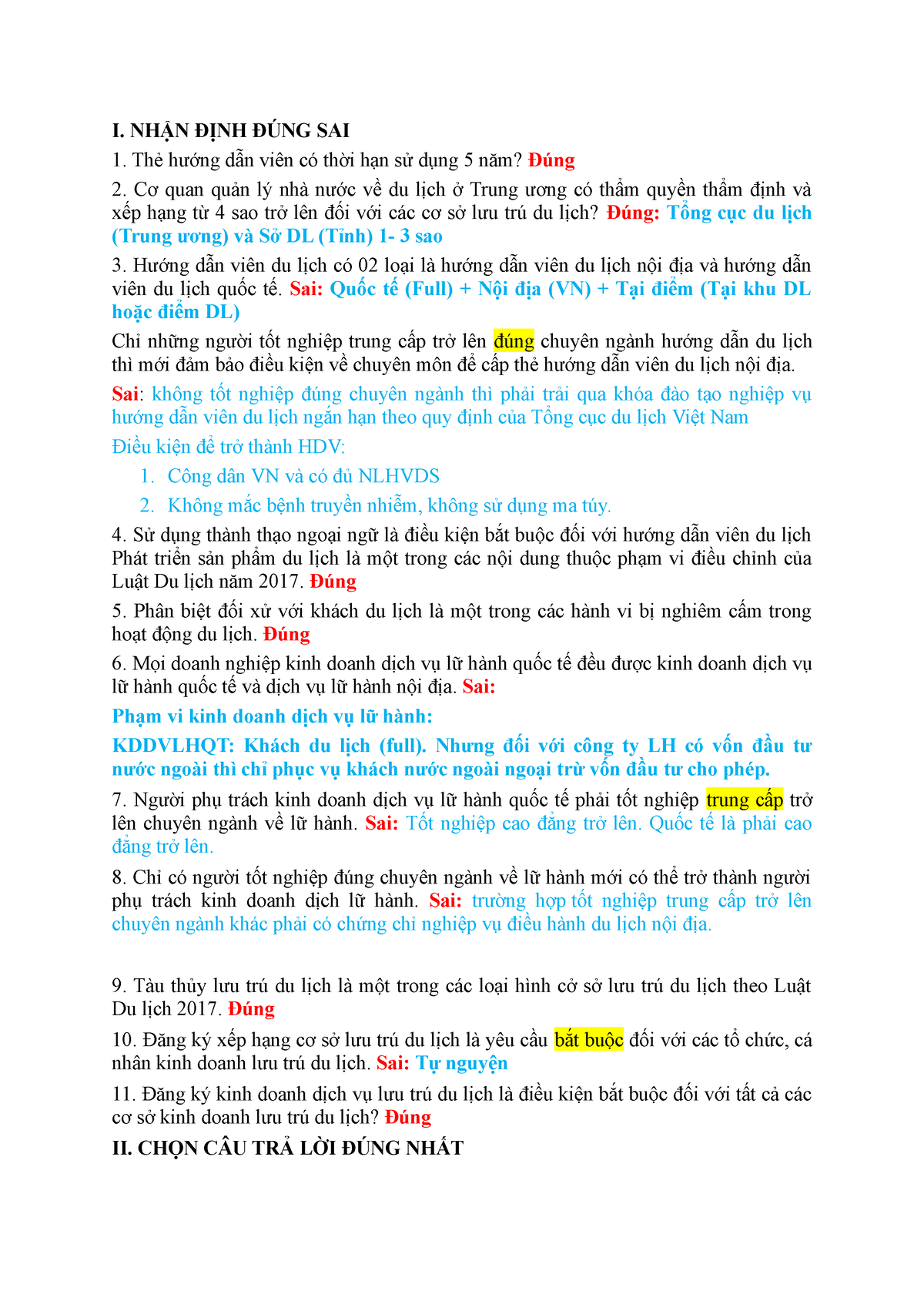 THAO LUAN BAI 9 - Thảo luận bài 9 - Pháp luật - Cao đẳng Du lịch Huế. - I. NHẬN ĐỊNH ĐÚNG SAI Thẻ - Studocu