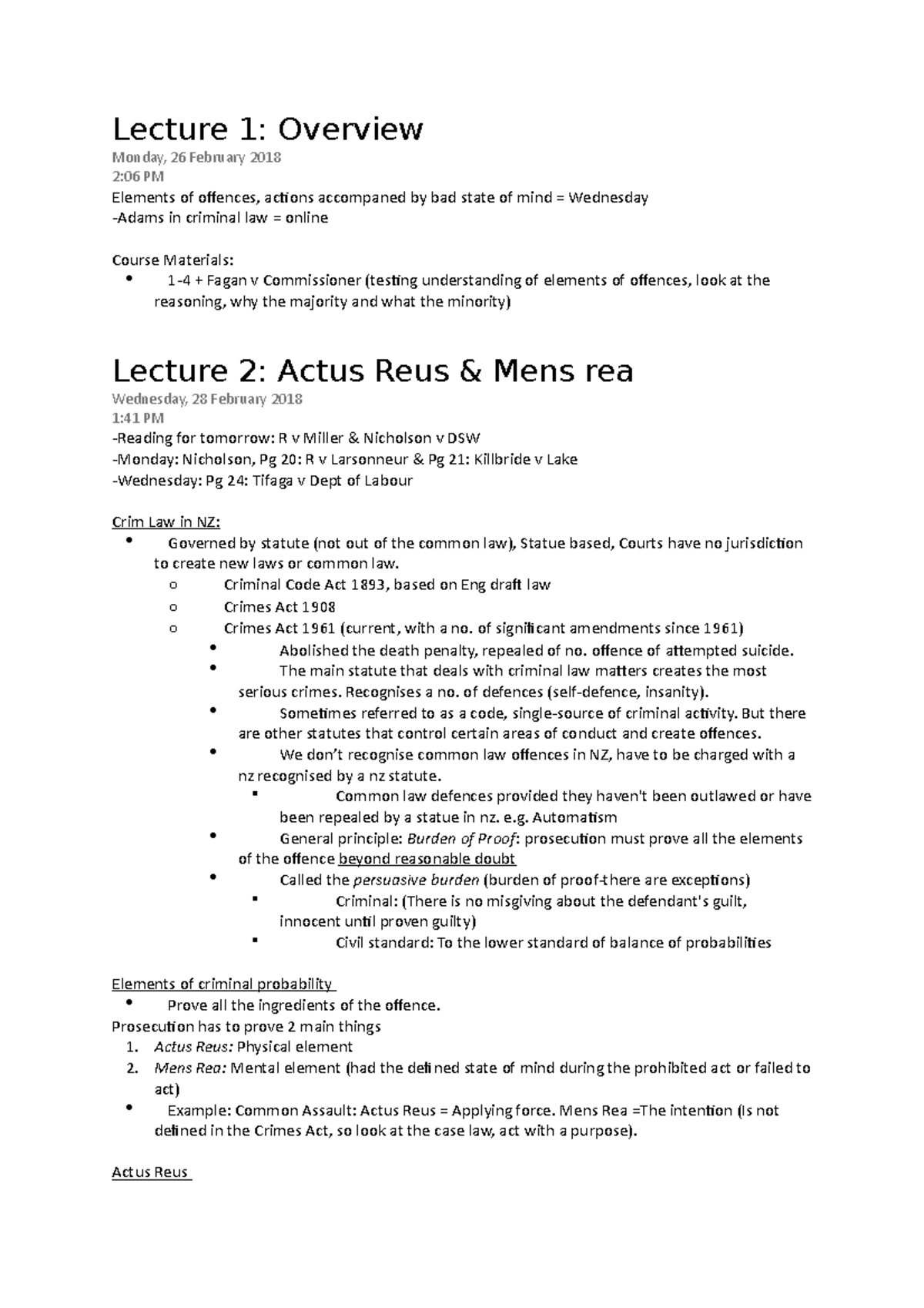 Criminal-Law-201 - All Lecture Notes - Lecture 1: Overview Monday, 26 ...