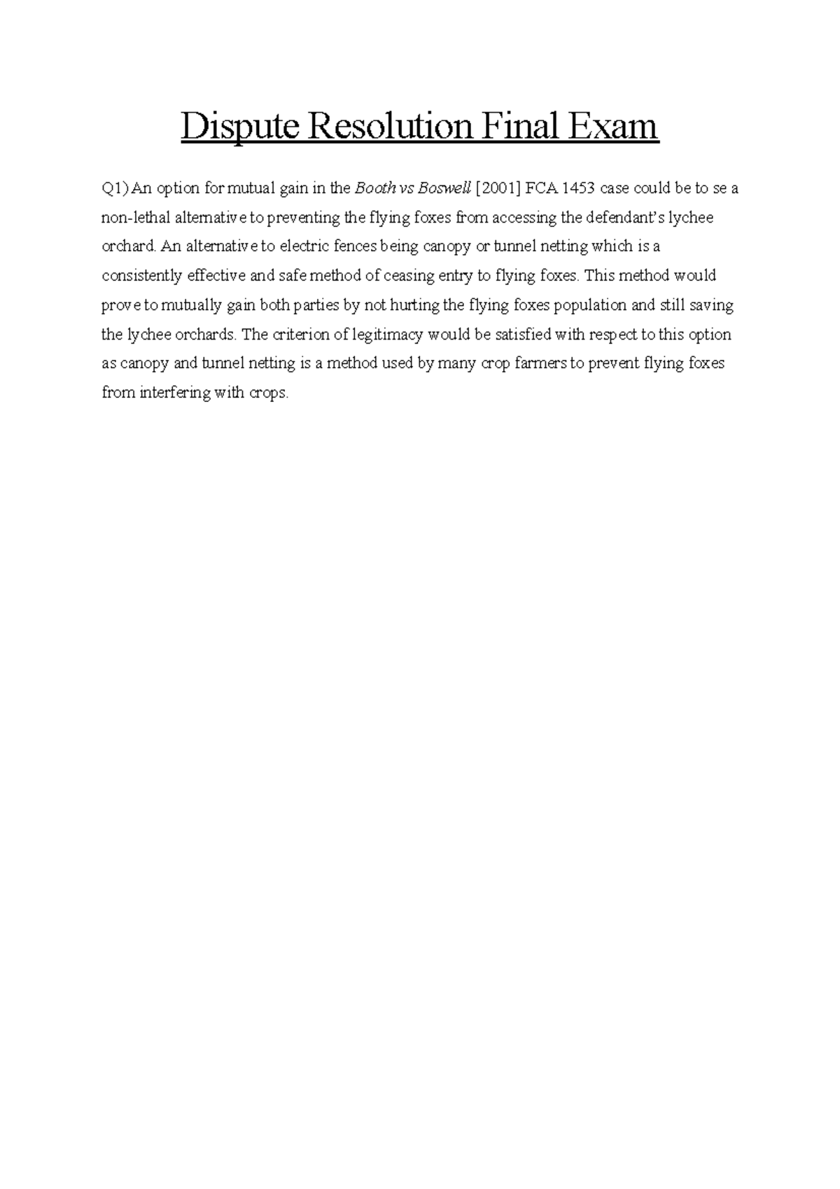 Dispute Resolution Final Exam - An alternative to electric fences being ...