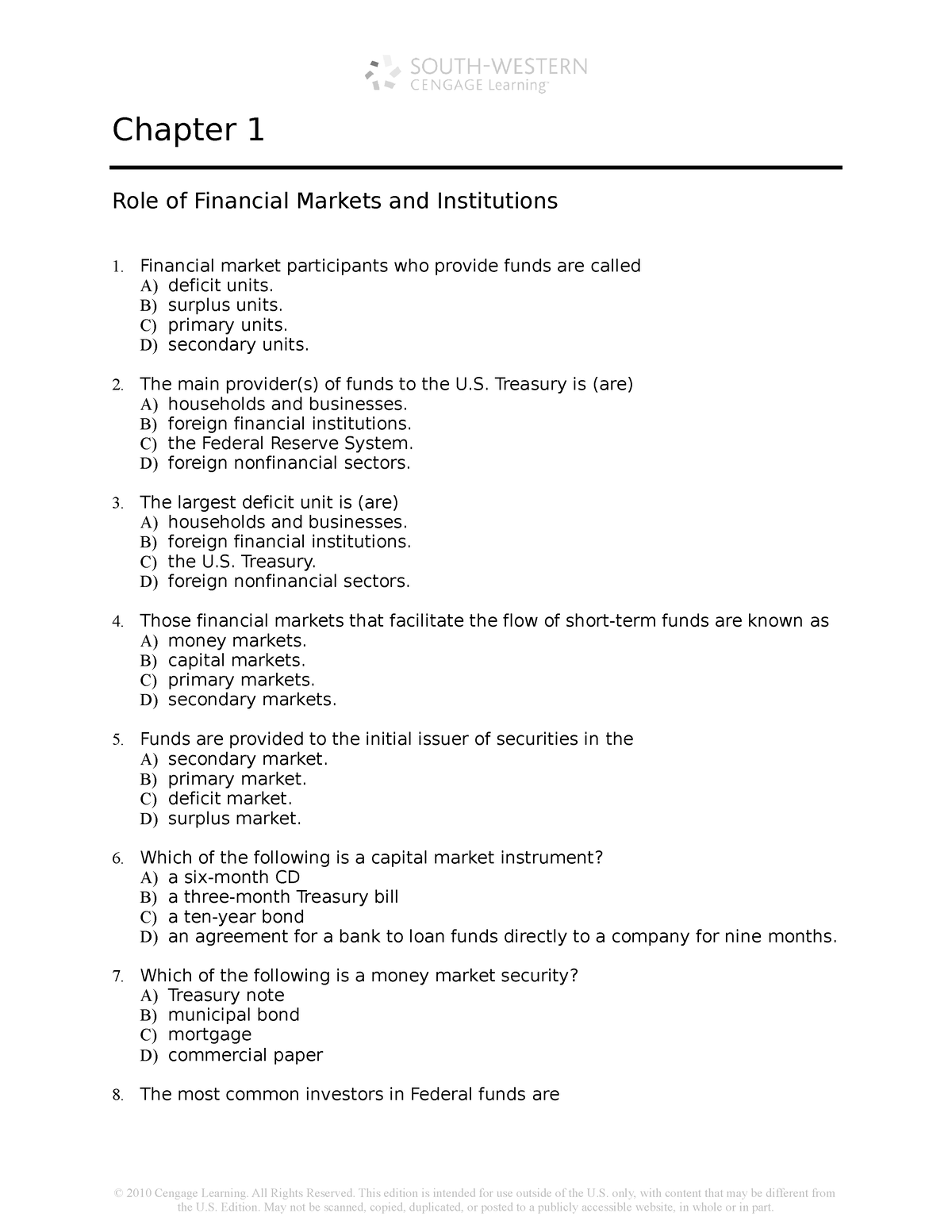 Financial Markets And Institutions - Test Bank 1-100 - Luật Học - Studocu