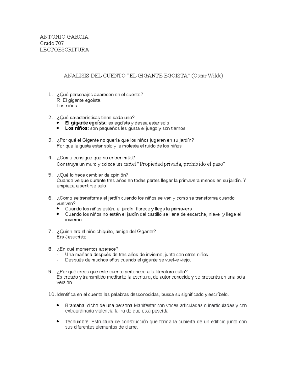 El Gigante Egoista Nota Antonio Garcia Grado Lectoescritura Analisis Del Cuento El