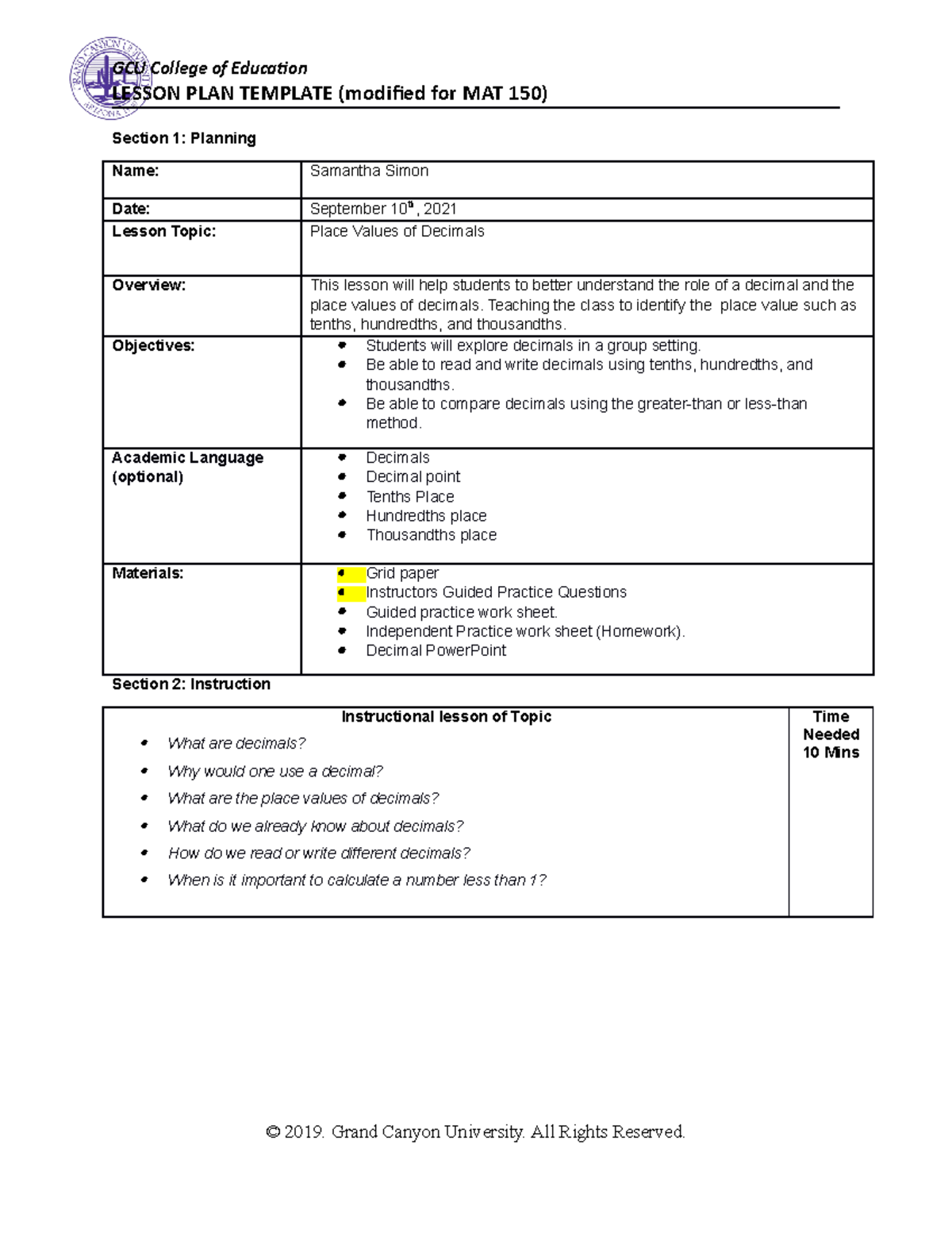 Final Project Lesson Plan - LESSON PLAN TEMPLATE (modified for MAT 150 ...
