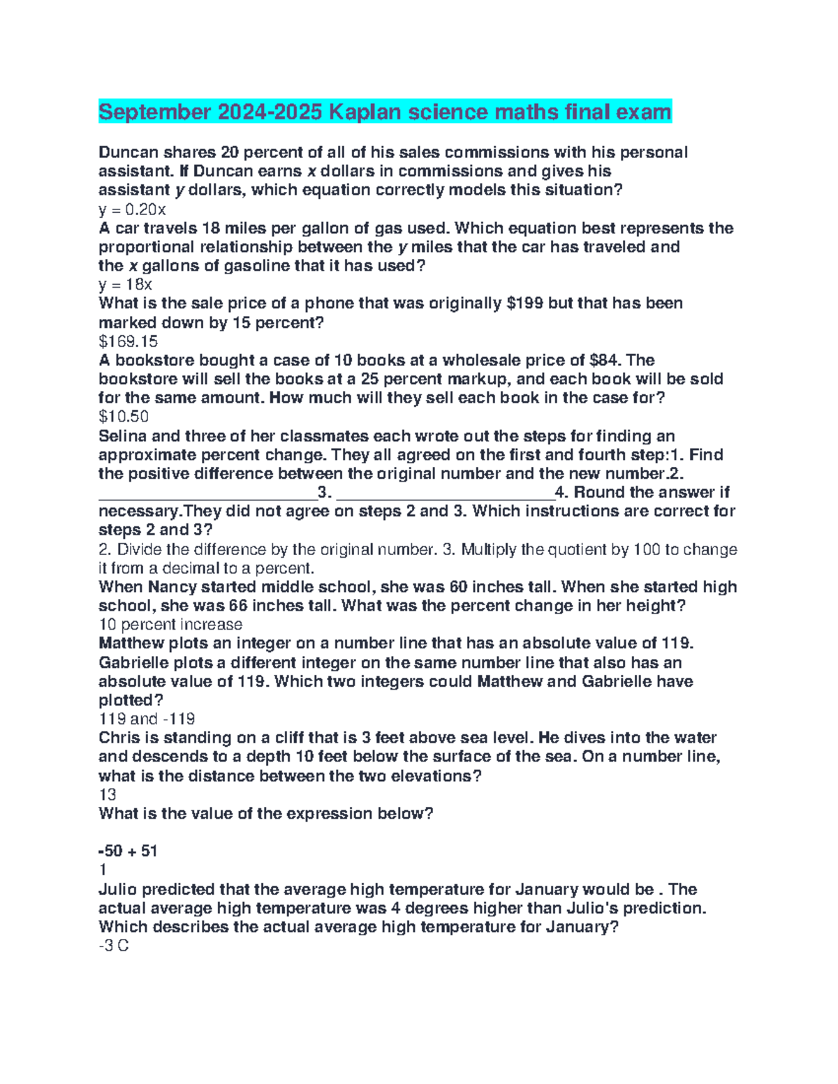 September 4 2024 - September 2024 - 2025 Kaplan science maths final ...