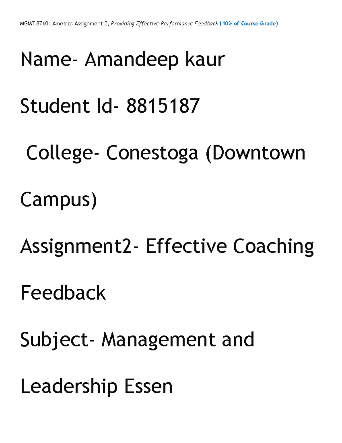 Effective Coaching Feedback Name Amandeep kaur Student Id 8815187 College Conestoga