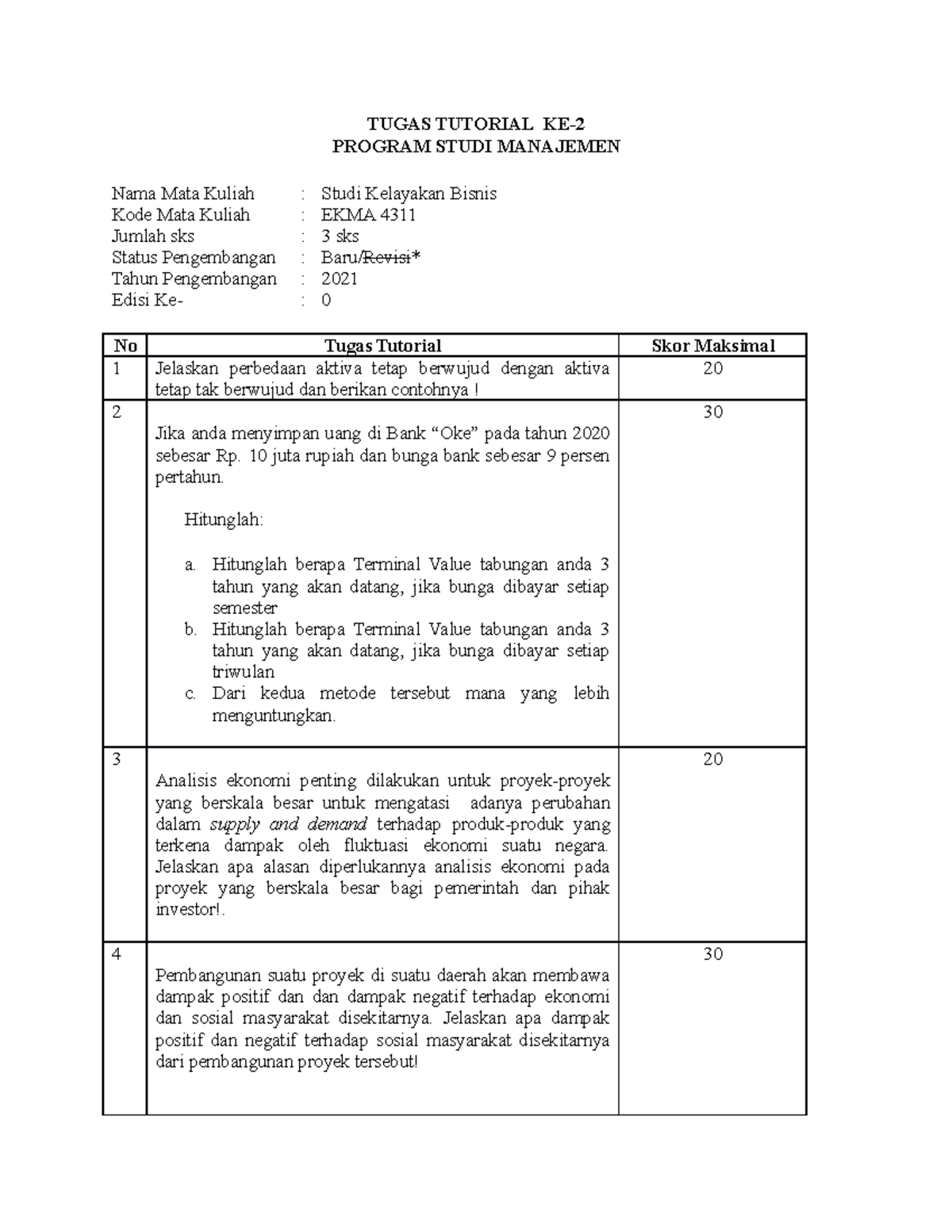 Studi Kelayakan Bisnis EKMA4311 Tuton 2 - TUGAS TUTORIAL KE- PROGRAM ...