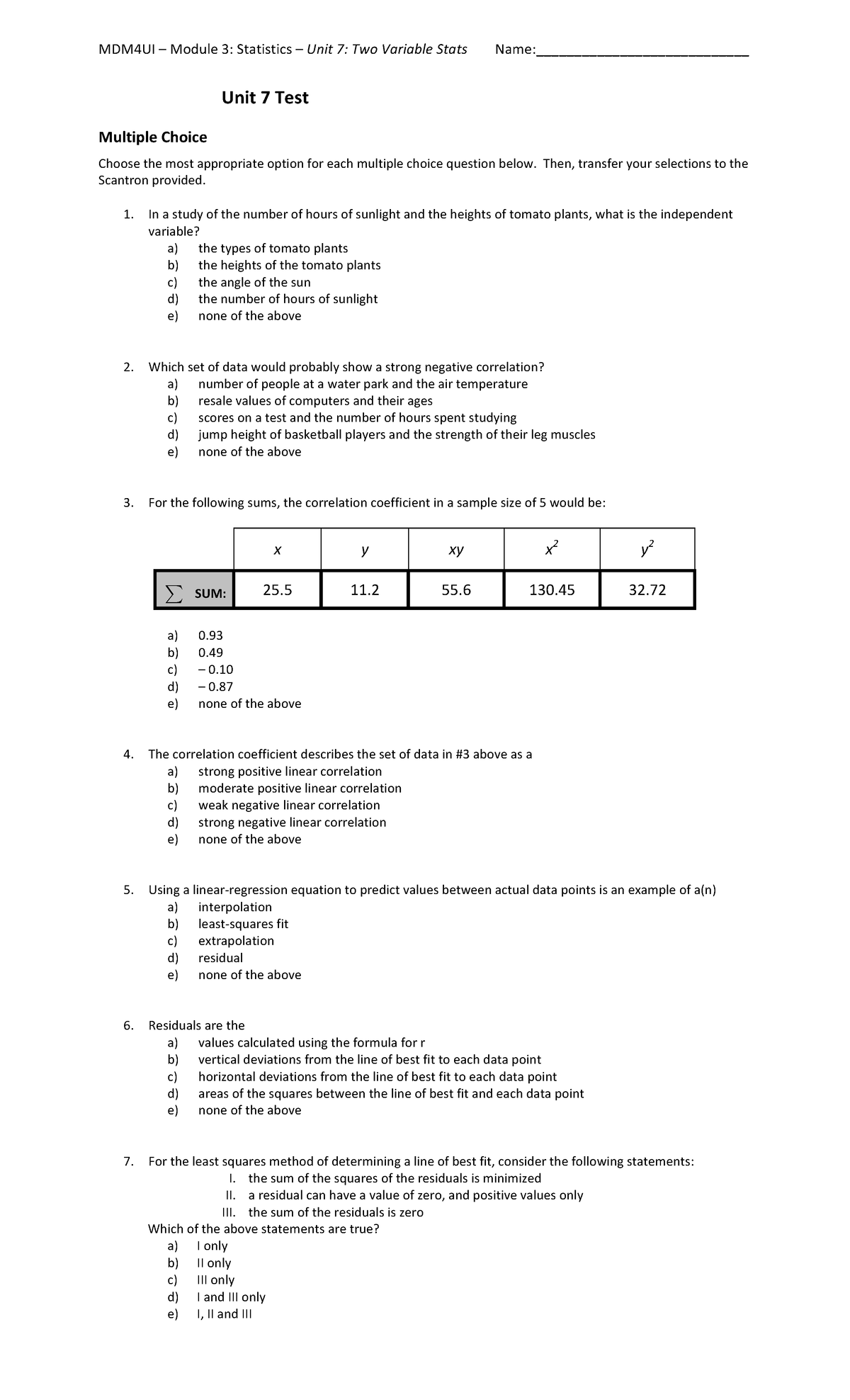 TEST - Unit 7 - ccccc - MDM4UI – Module 3: Statistics – Unit 7: Two ...