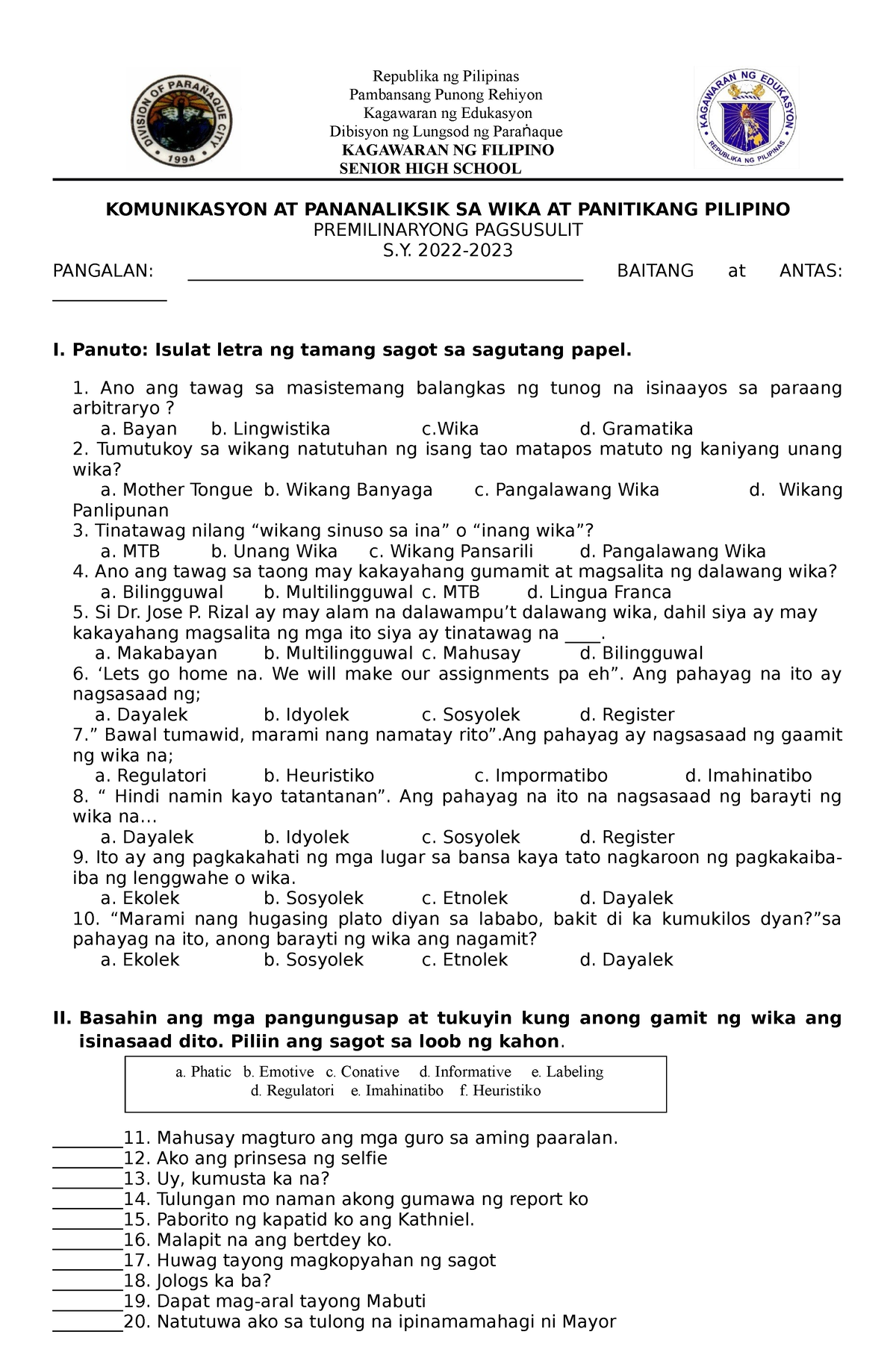 St Quarter Prelims Komunikasyon Republika Ng Pilipinas Pambansang ...