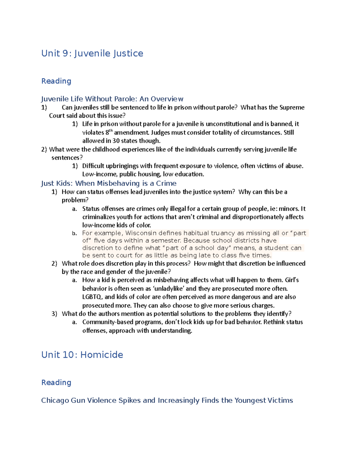 Study Guide Exam #3 CLJ - Exam 3 - Unit 9: Juvenile Justice Reading ...