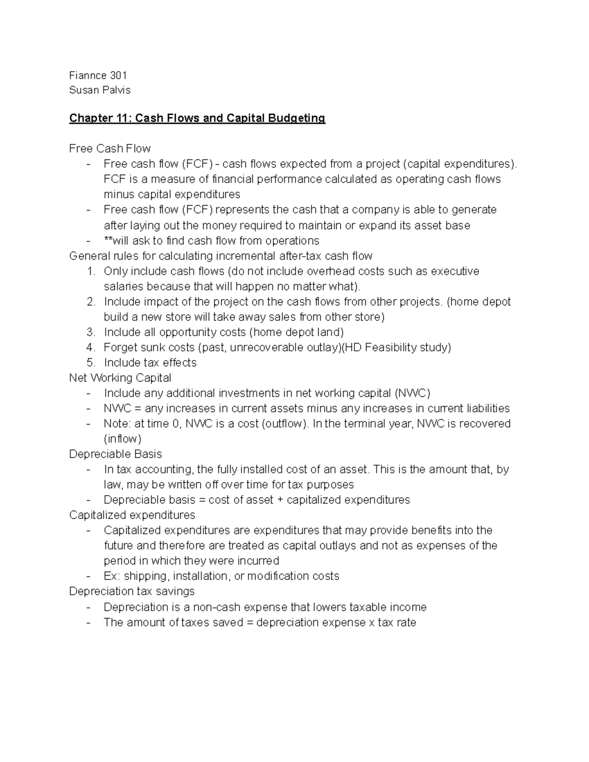 Finance 301 Chapter 11 Notes - Fiannce 301 Susan Palvis Chapter 11 ...