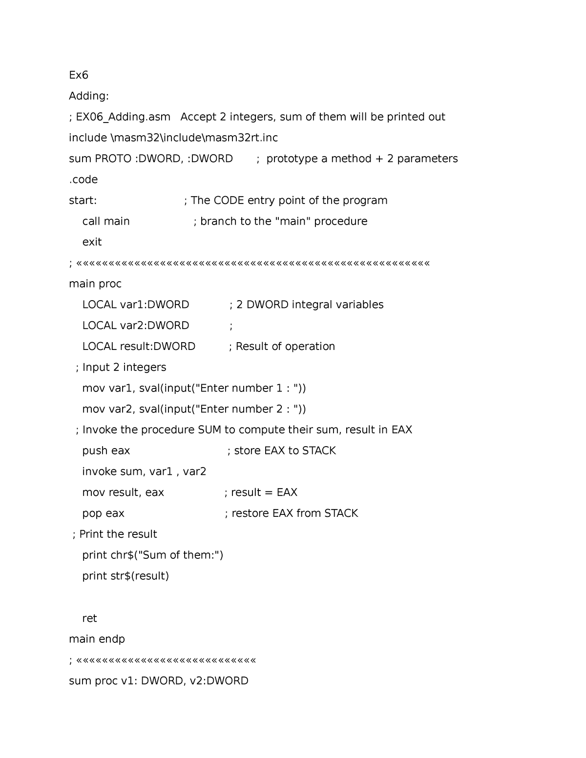 Homework 2(MASM)docx - NONE - Ex Adding: ; EX06_Adding Accept 2 ...