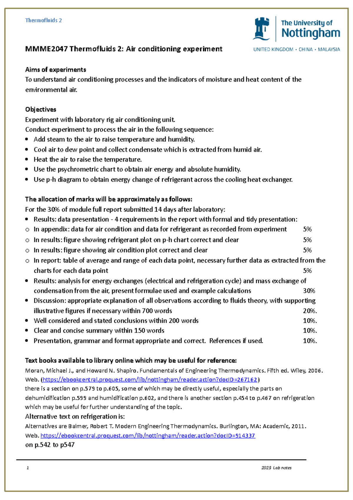 Airconditioning 2023 MMME2047 Thermofluids 2 Air conditioning