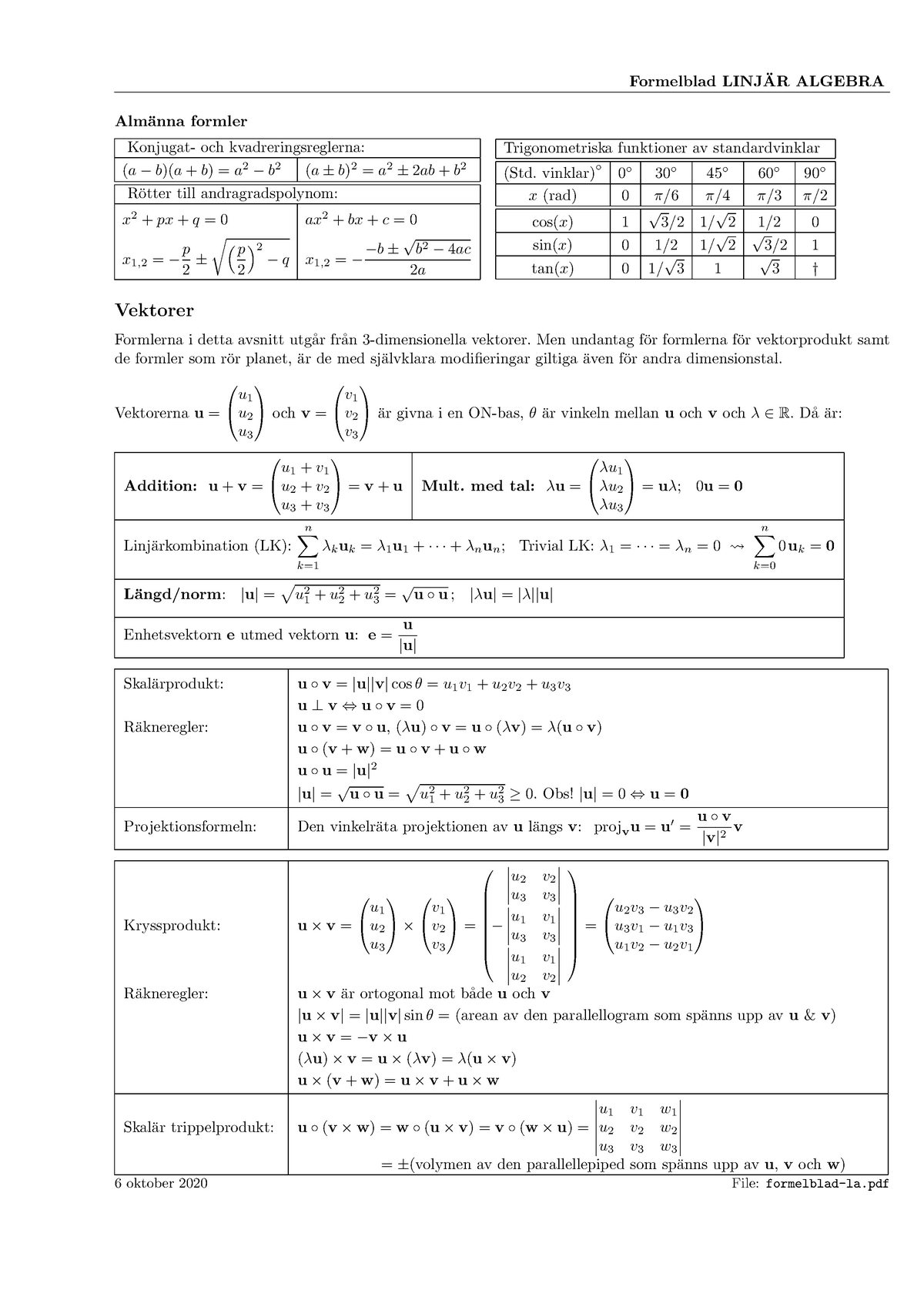 Formelblad-la (24) - Formelblad LINJAR ALGEBRA ̈ Alm ̈anna Formler ...