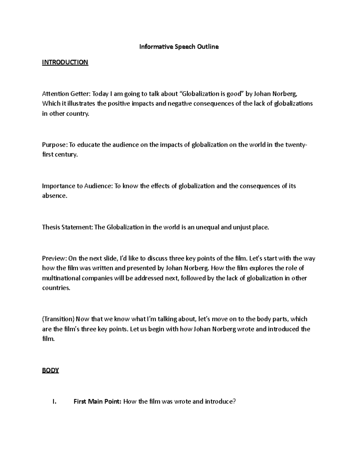 Informative Speech Outline - Informative Speech Outline INTRODUCTION ...