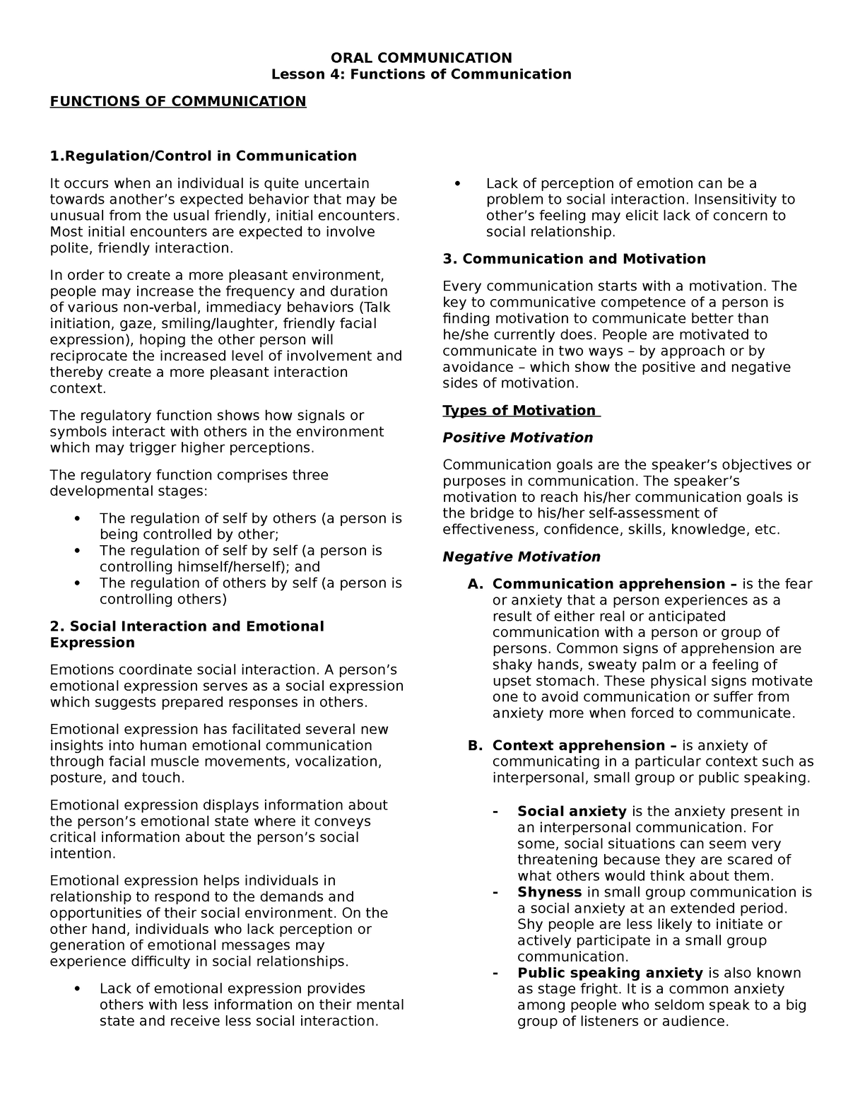 Functions-of-Communication - ORAL COMMUNICATION Lesson 4: Functions of ...